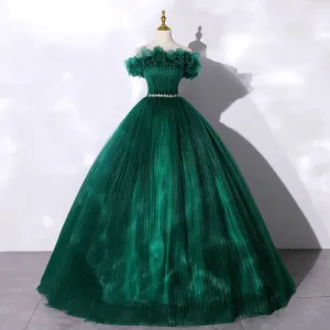 Custom Made Off-shoulder Emerald Green Gown With Flowy Skirt
