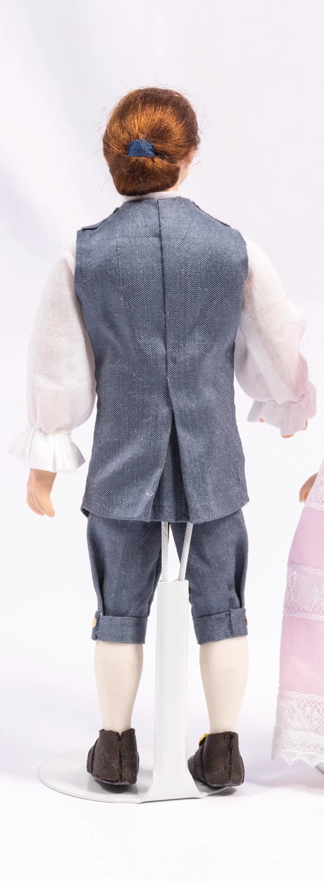 Dollhouse Miniature ~ Colonial Porcelain Gentleman Doll in Slate Blue Gray Vest and Trousers with Buckle Shoes Artisan Made Debra Hammond