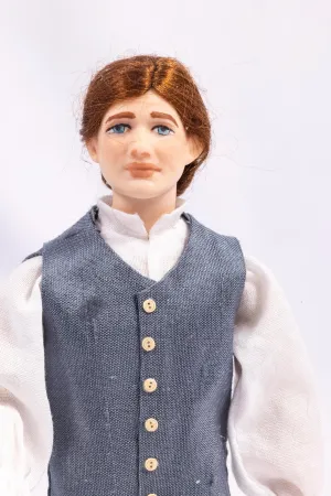 Dollhouse Miniature ~ Colonial Porcelain Gentleman Doll in Slate Blue Gray Vest and Trousers with Buckle Shoes Artisan Made Debra Hammond