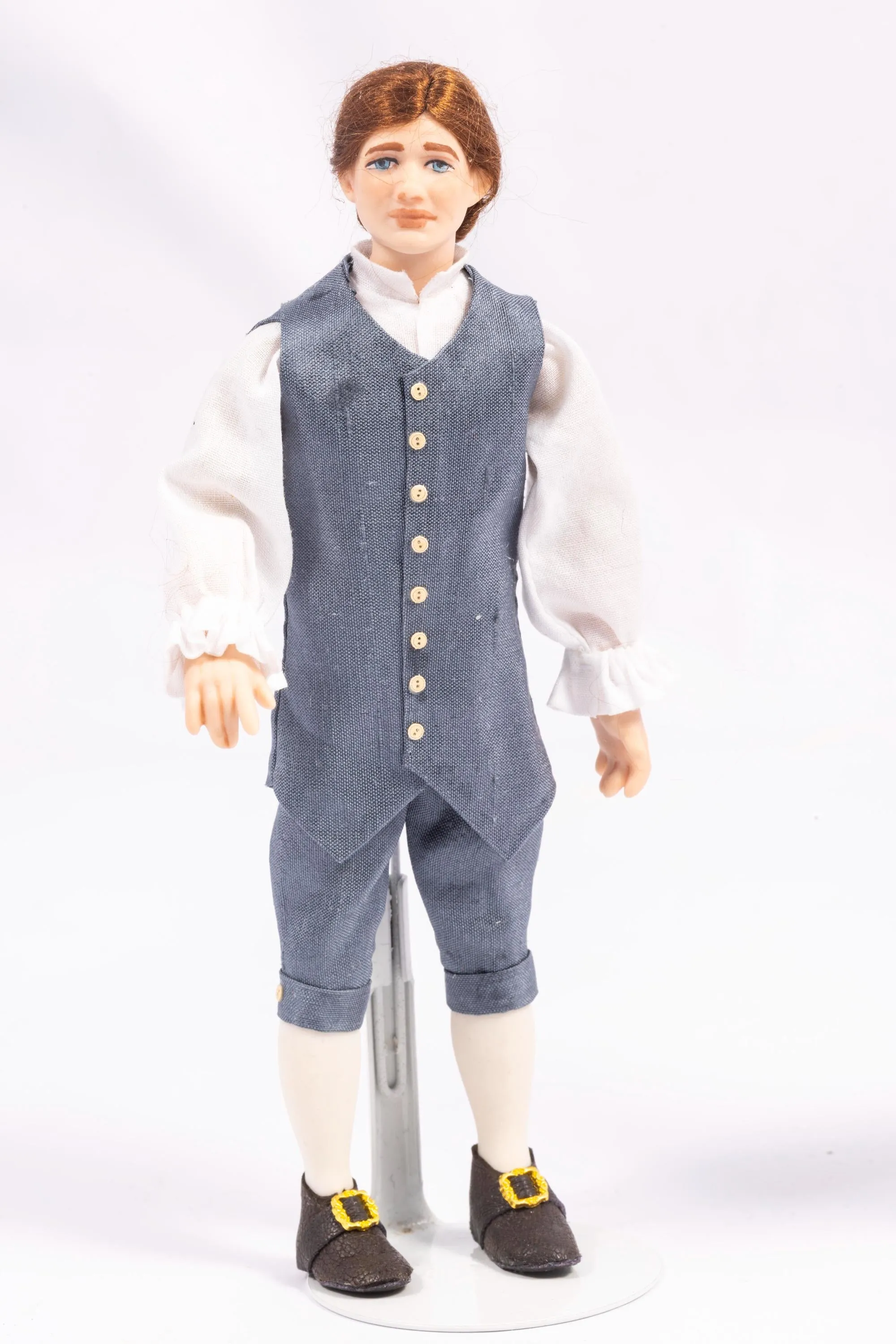 Dollhouse Miniature ~ Colonial Porcelain Gentleman Doll in Slate Blue Gray Vest and Trousers with Buckle Shoes Artisan Made Debra Hammond