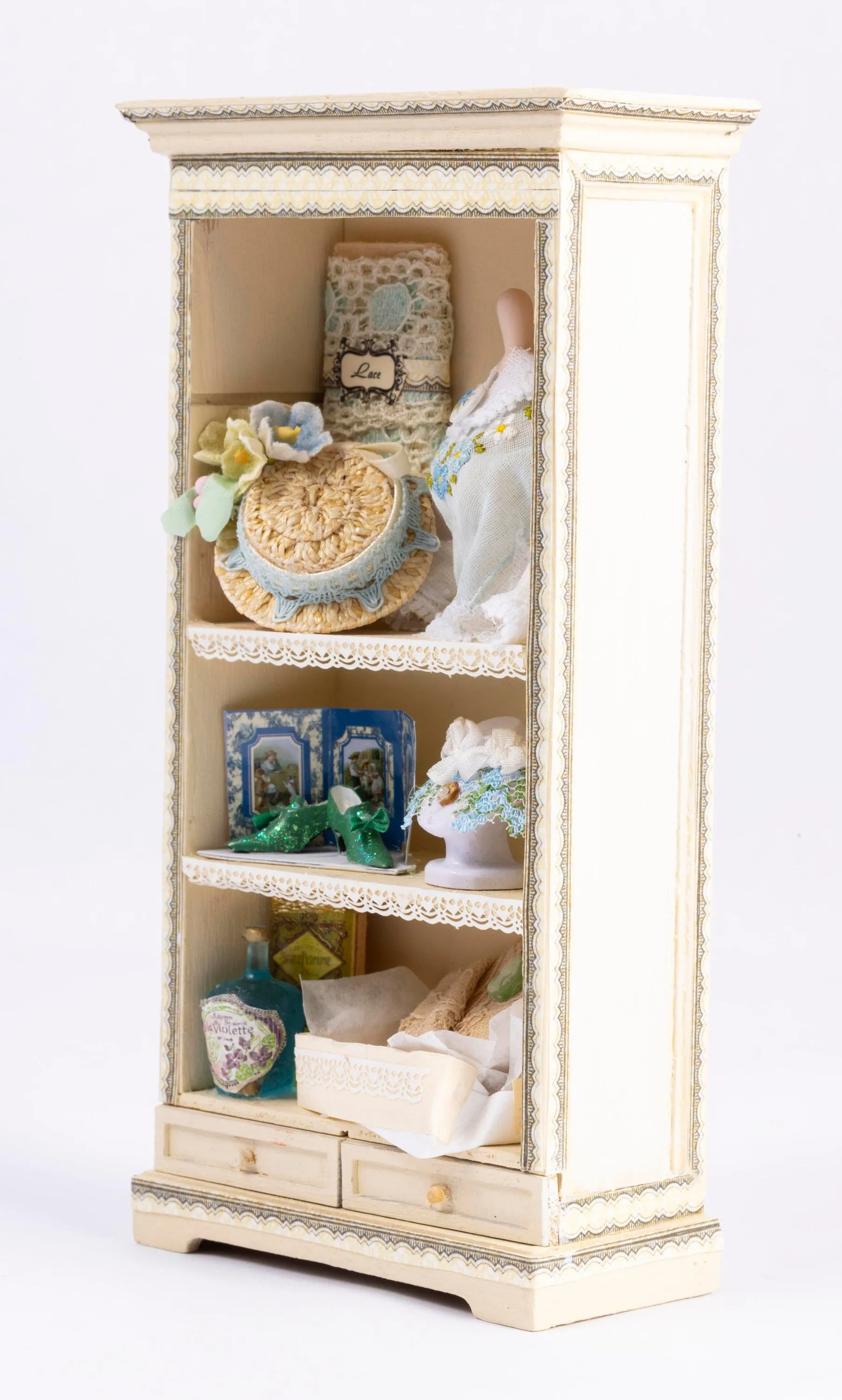Dollhouse Miniature ~ Decorated Ladies Cabinet with Dress Form, Hat & Accessories - From Small Sea Workshop