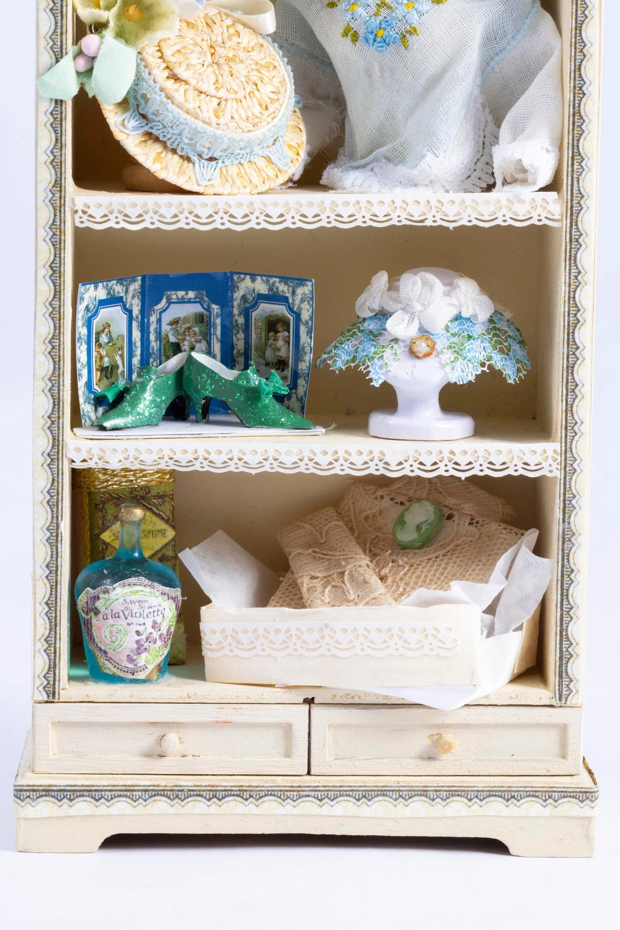 Dollhouse Miniature ~ Decorated Ladies Cabinet with Dress Form, Hat & Accessories - From Small Sea Workshop
