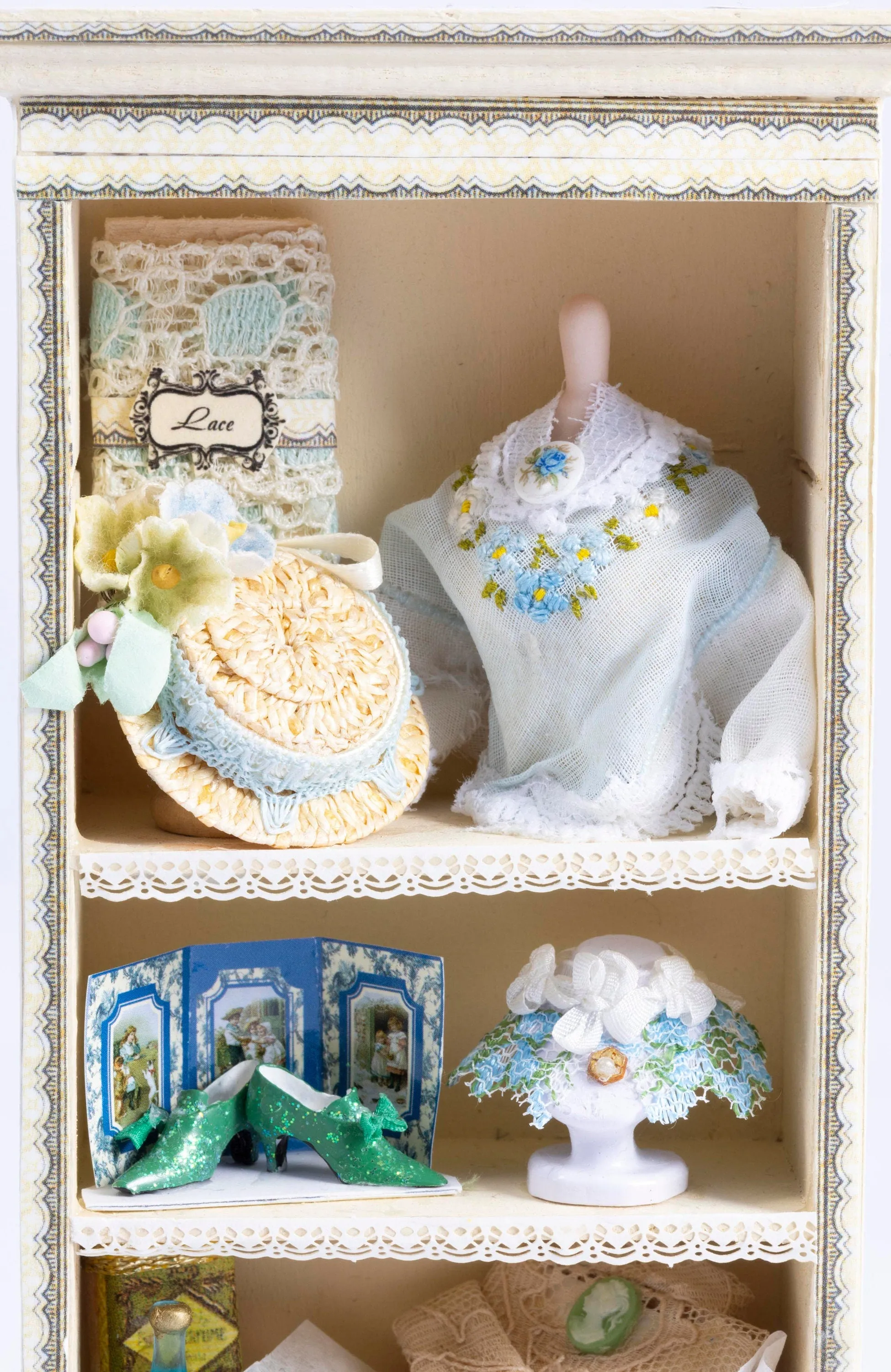 Dollhouse Miniature ~ Decorated Ladies Cabinet with Dress Form, Hat & Accessories - From Small Sea Workshop