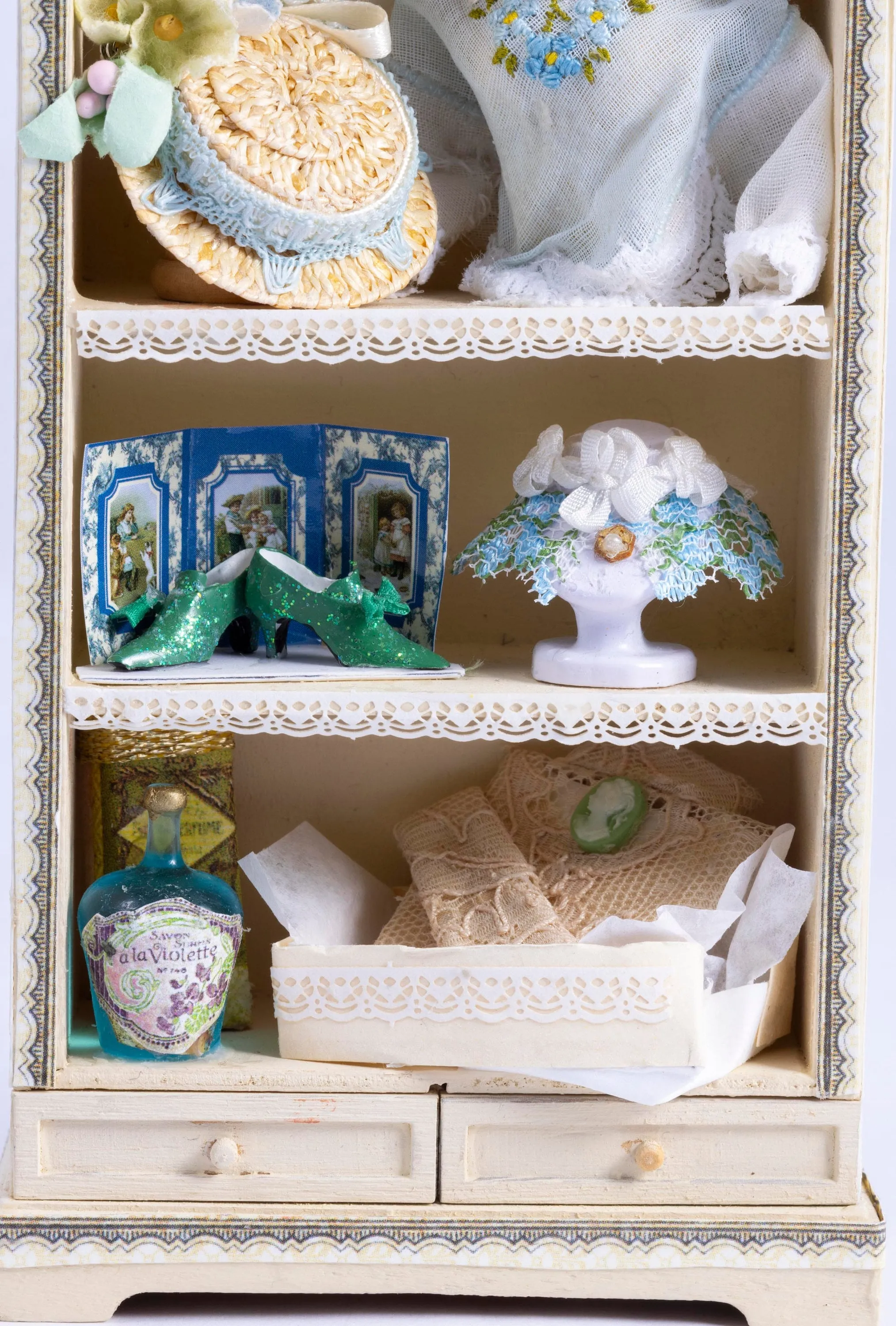 Dollhouse Miniature ~ Decorated Ladies Cabinet with Dress Form, Hat & Accessories - From Small Sea Workshop