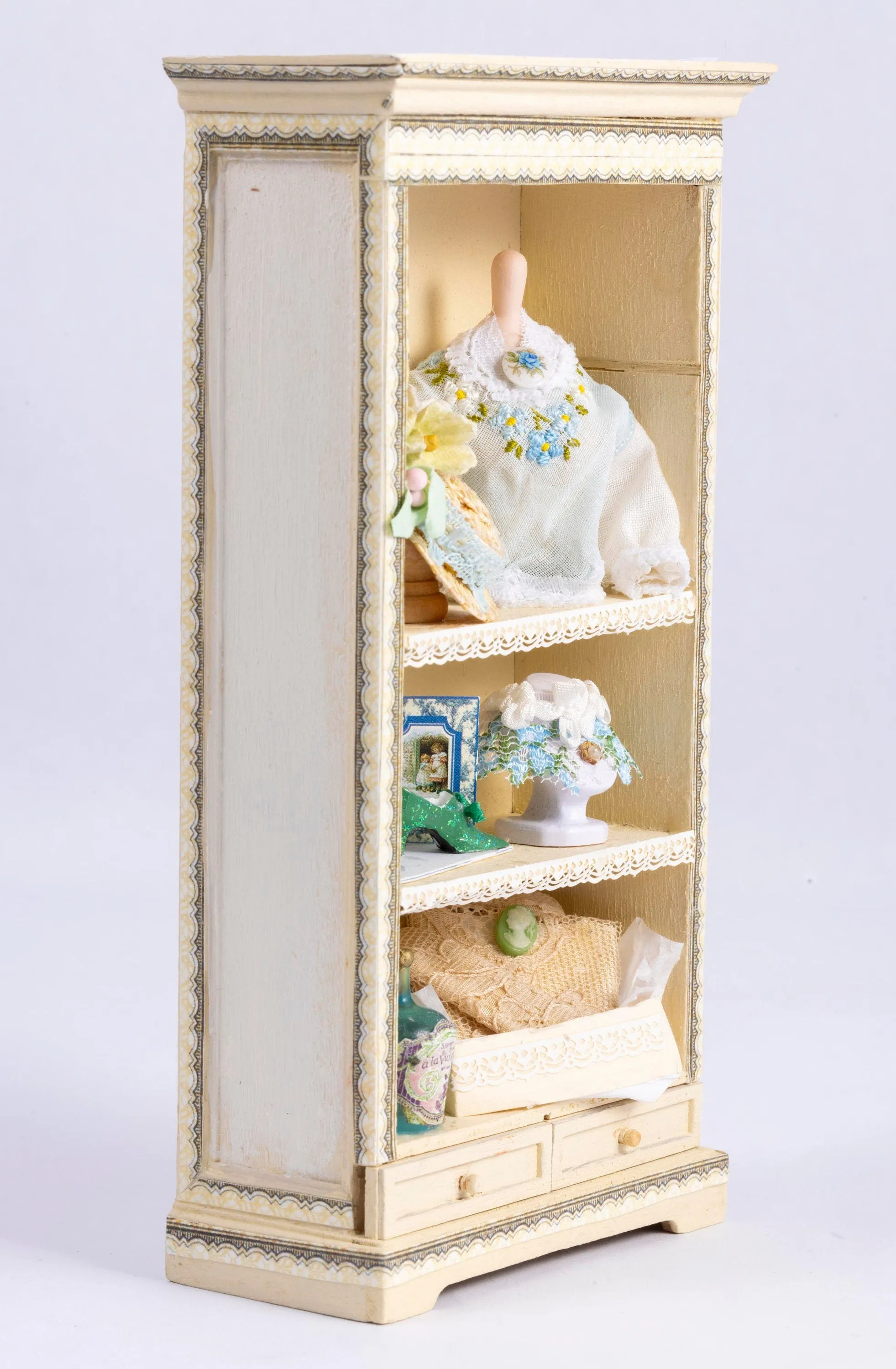 Dollhouse Miniature ~ Decorated Ladies Cabinet with Dress Form, Hat & Accessories - From Small Sea Workshop