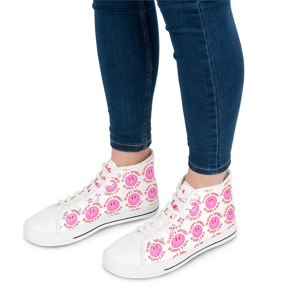 Happy Spirit Happy Life Pink Smile High Top Sneakers, Smile Canvas Shoes for Women, Vsco Girl Shoes, Tumblr Shoes, Pink & Red Smile