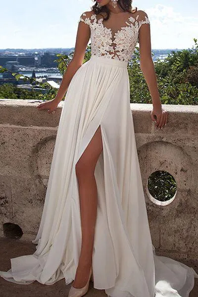 Ivory Lace Front Slit See Through Cap Sleeves Custom Made Beach Wedding Dresses PFW0228