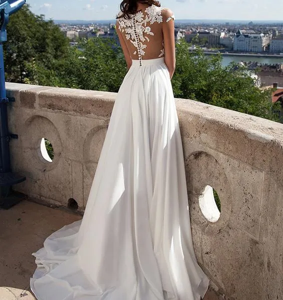 Ivory Lace Front Slit See Through Cap Sleeves Custom Made Beach Wedding Dresses PFW0228