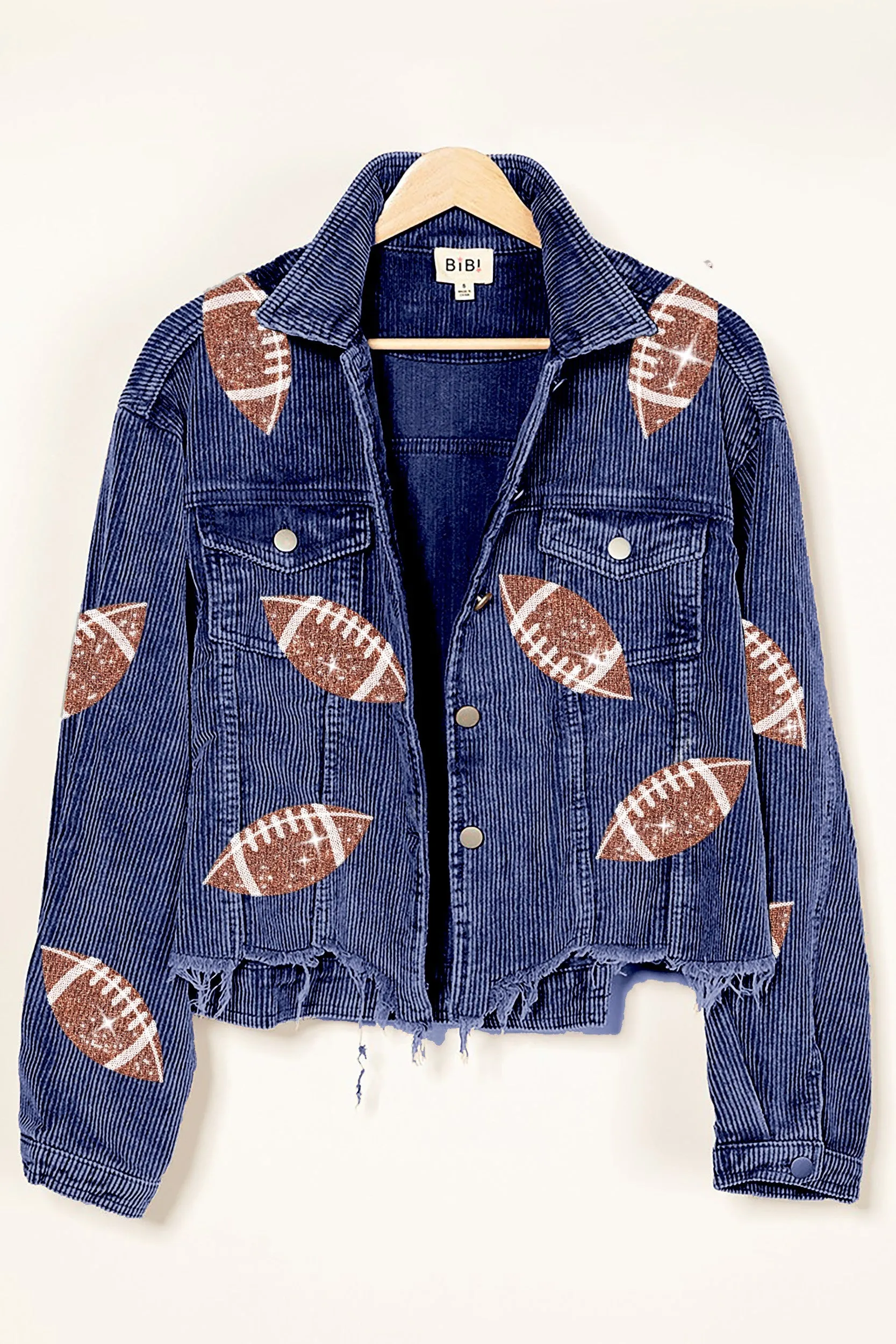 Navy Football Sequin Embroidery Washed Corduroy Jacket