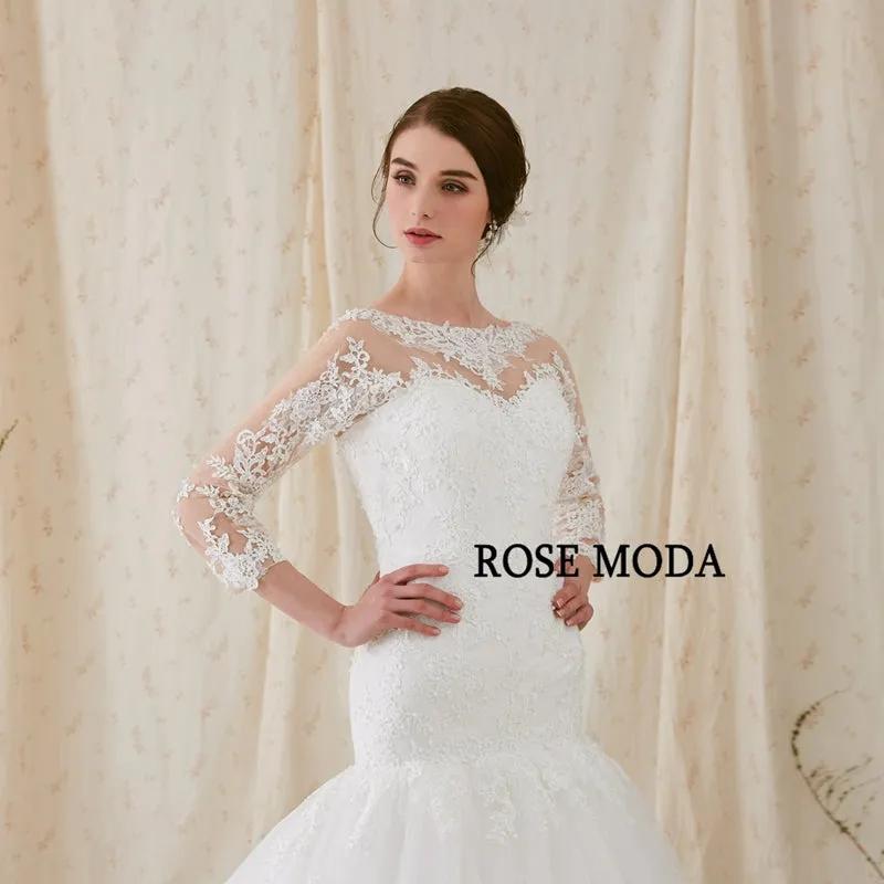 Rosemoda Custom Made Trumpet Wedding Dress With Three Quarter Sleeve Lace Bridal Gown