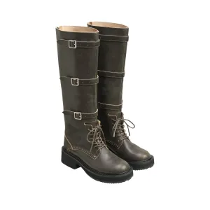 Round Button-Strap High Knight Boots Made In Old Brown