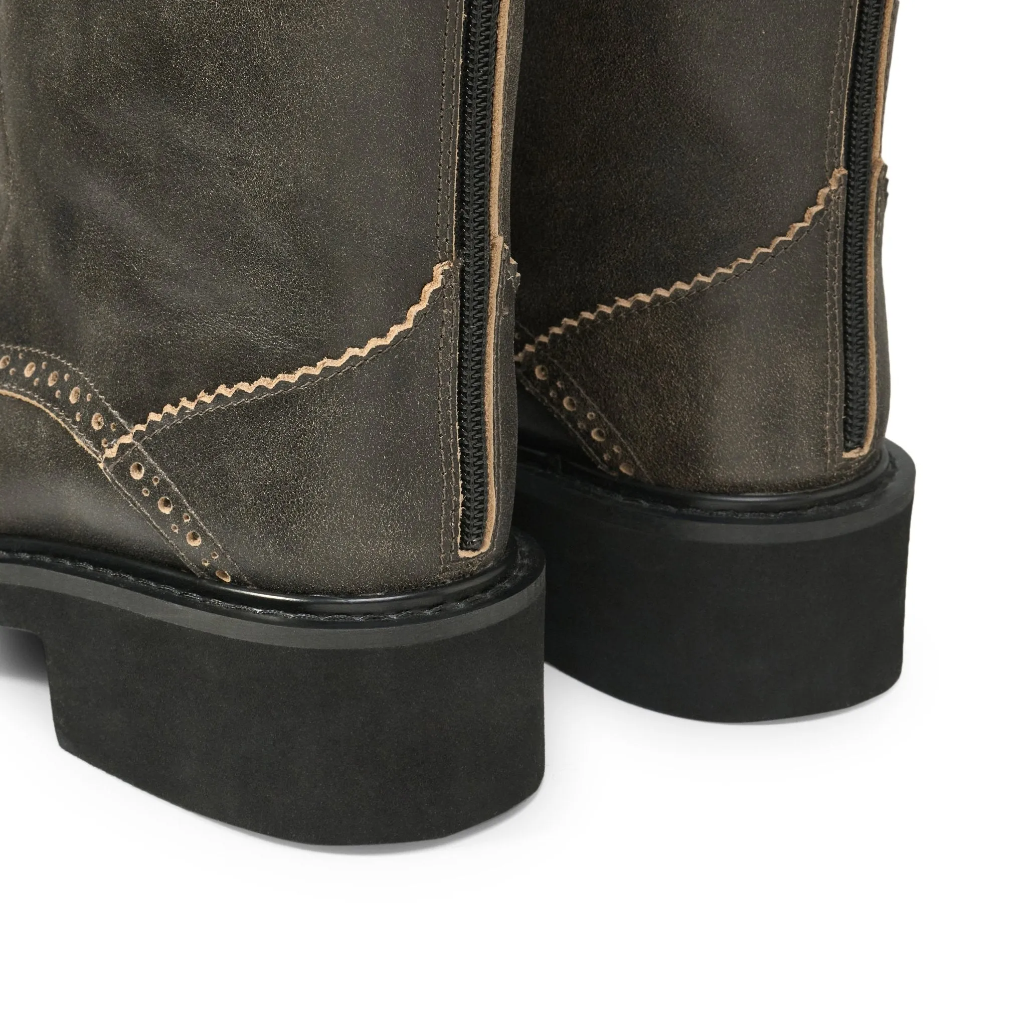 Round Button-Strap High Knight Boots Made In Old Brown