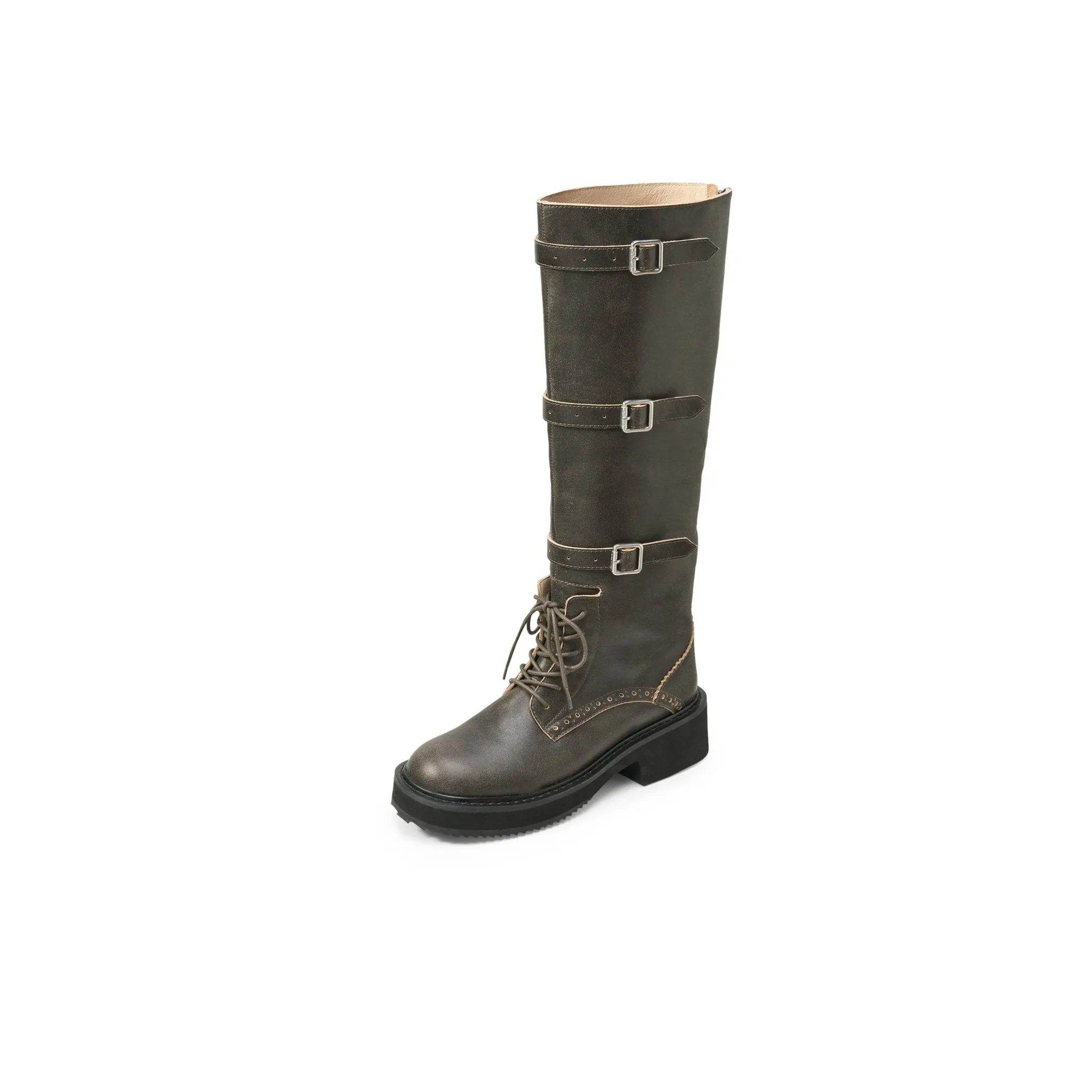 Round Button-Strap High Knight Boots Made In Old Brown