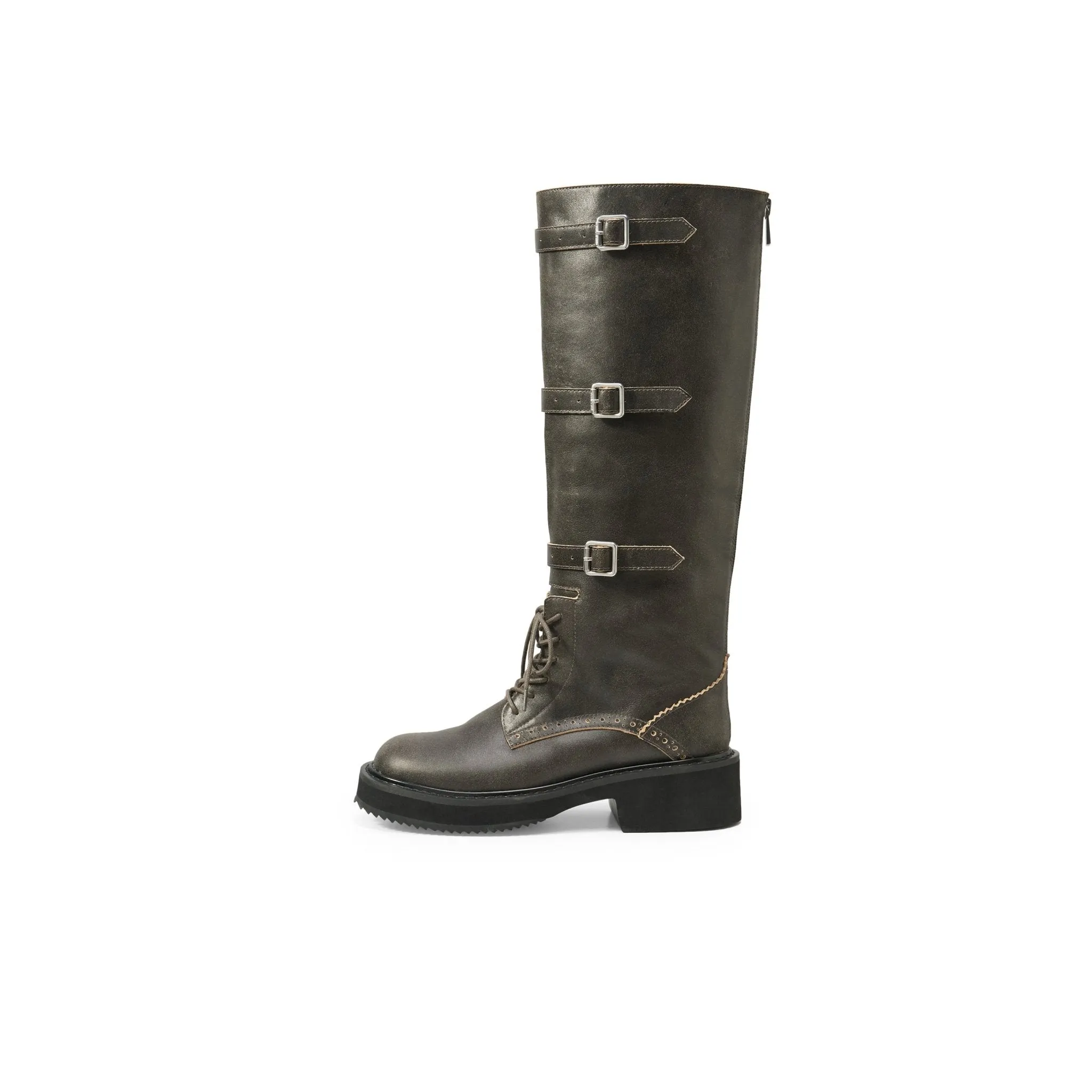 Round Button-Strap High Knight Boots Made In Old Brown