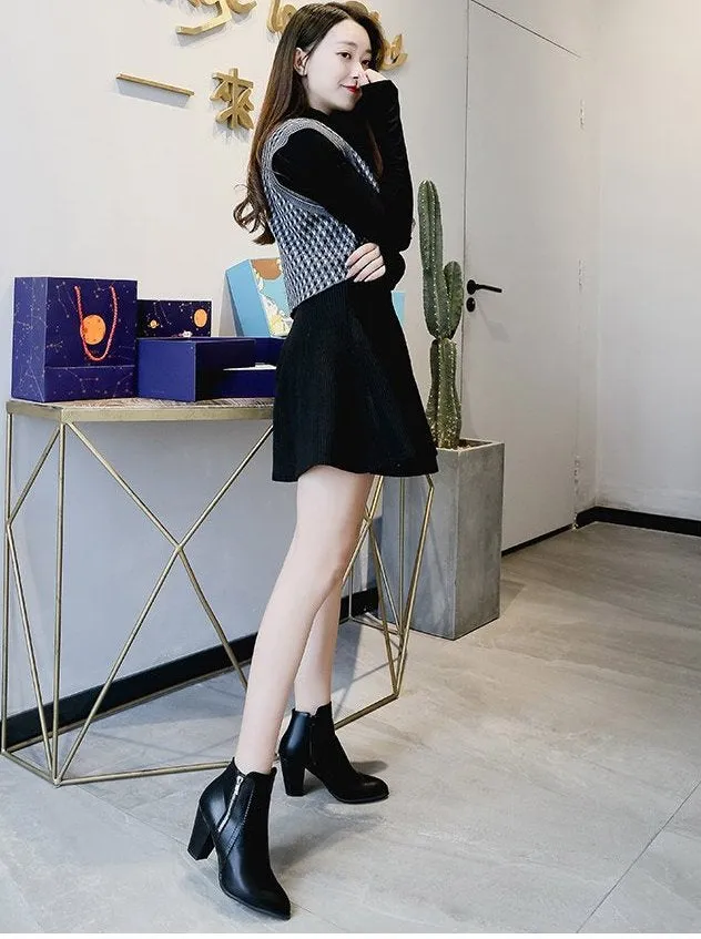 SH272 - Hollow High Heeled Black Ankle Boots
