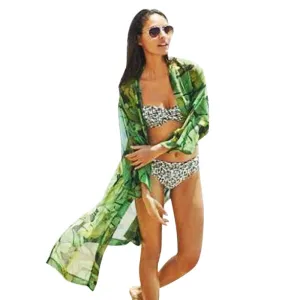 summer style 2015 Ladies' elegant Green leaves print long Kimonos outwear loose vintage bikini cover up output to beach wear
