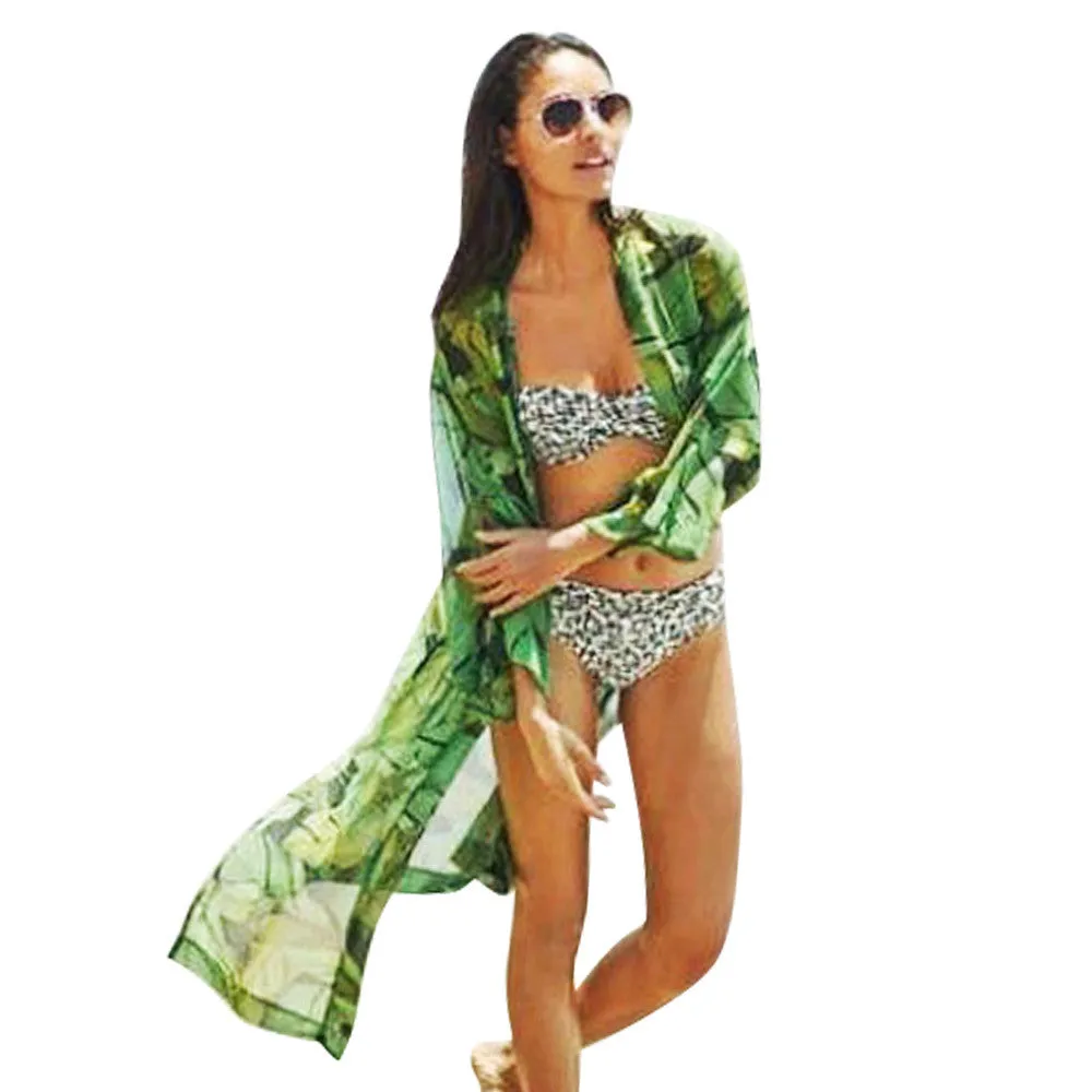 summer style 2015 Ladies' elegant Green leaves print long Kimonos outwear loose vintage bikini cover up output to beach wear