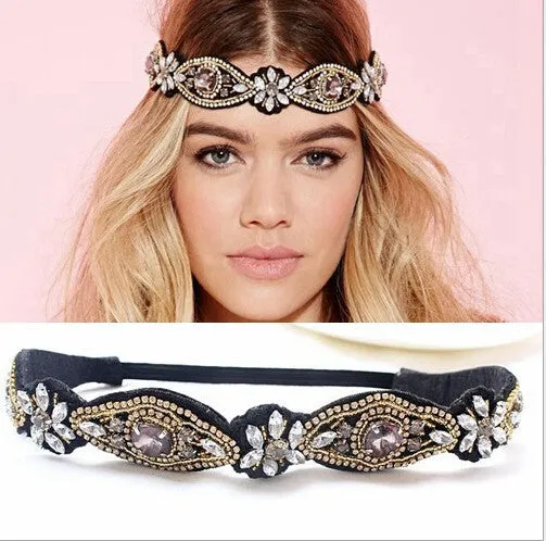 women girls bohemian vintage punk metal seed beads rhinestone braided knitted flower headband hair accessories