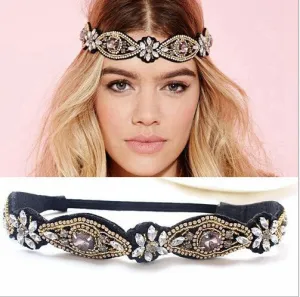 women girls bohemian vintage punk metal seed beads rhinestone braided knitted flower headband hair accessories